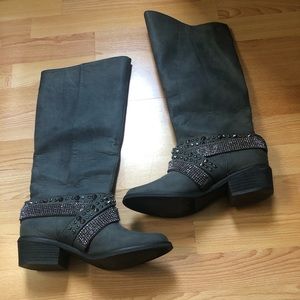 Tall Gray boots with rhinestones and studs